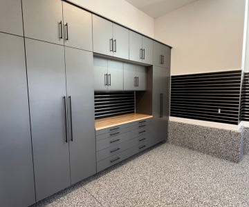 Custom Silver Garage Cabinets, Slatwall and Garage Flooring by Optimus Garage in Denver