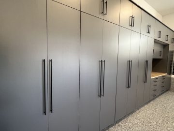 Custom Grey Garage Cabinets, Slatwall and Garage Flooring in Denver by Optimus Garage